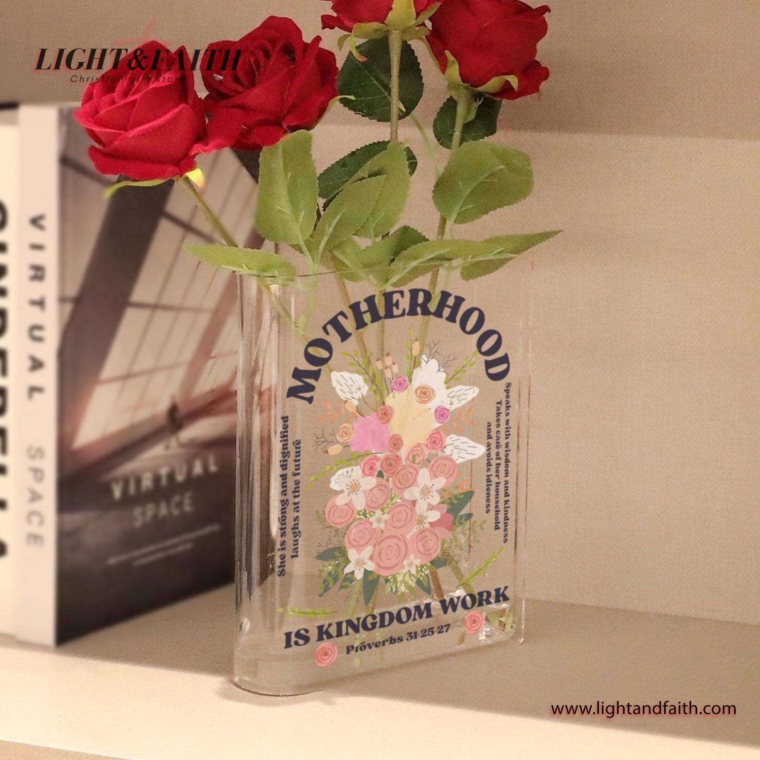 Christian Book Vase, Faith Motherhood Quote Vase, Proverbs 31 Acrylic Book Decor, Bible Verse Book Shaped Flower Vase